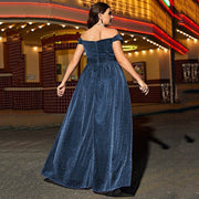 Off-shoulder New Plus Size Art Exam Host Dress Navy Blue - OFEBHS.PT