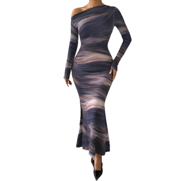 Tie-dyed Crossbody Shoulder Asymmetric Fold Dress - OFEBHS.PT