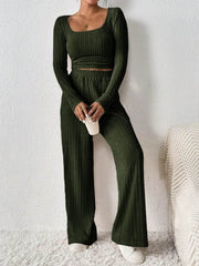 Scoop Neck Long Sleeve Top and Pants Set - OFEBHS.PT