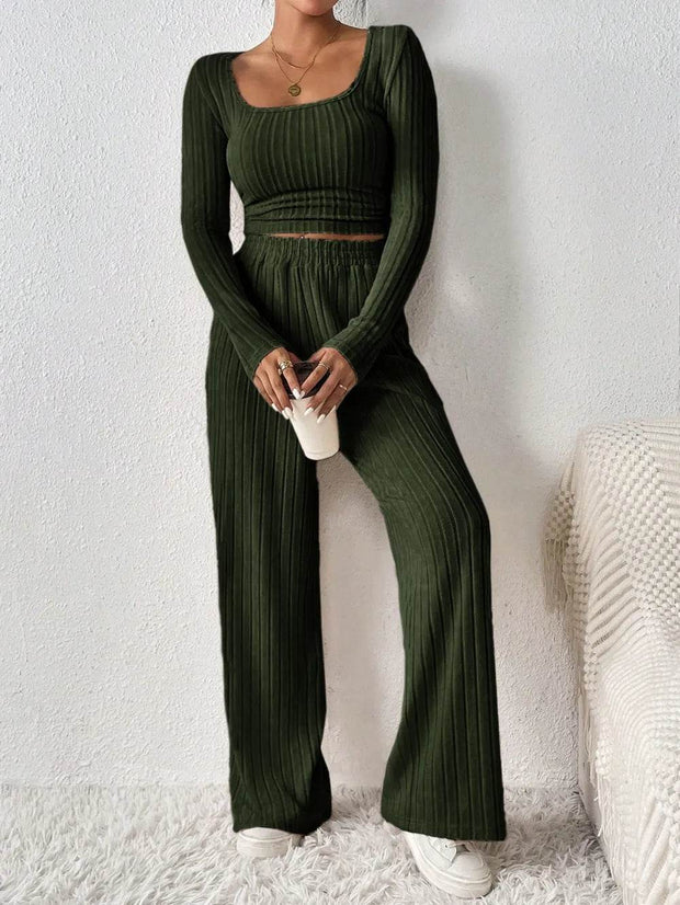 Scoop Neck Long Sleeve Top and Pants Set - OFEBHS.PT
