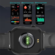 Close-up of Bluetooth sports smartwatch showcasing heart rate, blood pressure, and oxygen monitoring features.
