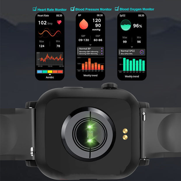 Close-up of Bluetooth sports smartwatch showcasing heart rate, blood pressure, and oxygen monitoring features.