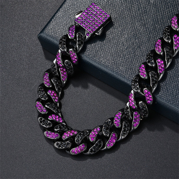 Hip Hop Men's Strip Full Diamond Line Exaggerated And Personalized Rap Cuban Link Chain Amethyst Necklace