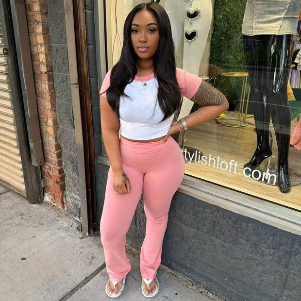 Women's Contrast Color Short-sleeved Trousers Casual Two-piece Suit - OFEBHS.PT