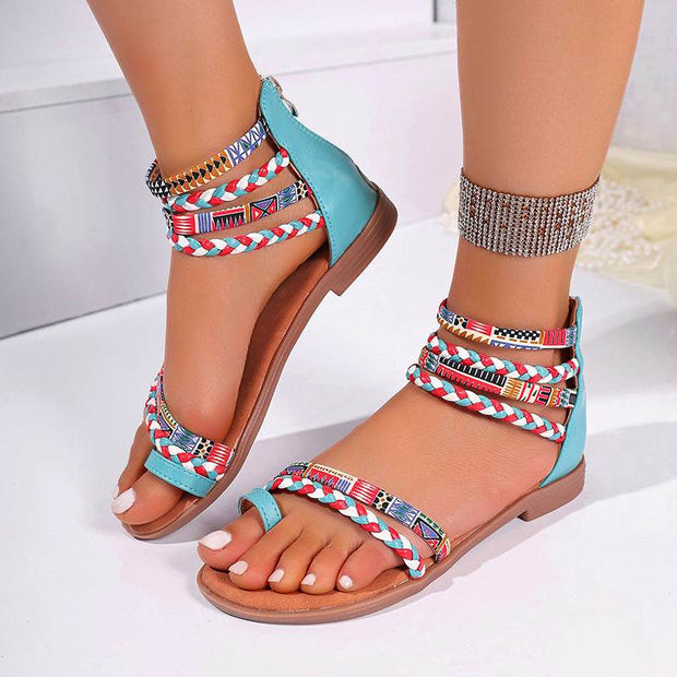 Ethnic Style Flat Sandals Summer Clip Toe Colorful Weave-straped Shoes With Back Zipper Women's Bohemian Beach Shoes - OFEBHS.PT