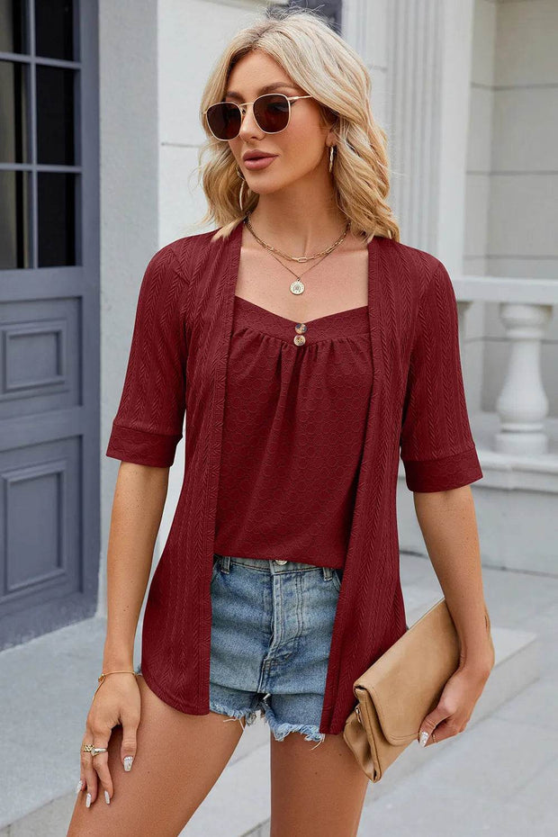 Spring/Summer New Solid Color Square Collar Splicing Button Mid Sleeve T-shirt for Women - OFEBHS.PT