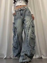 Washed multi pocket workwear jeans women's street straight leg loose wide leg pants - OFEBHS.PT
