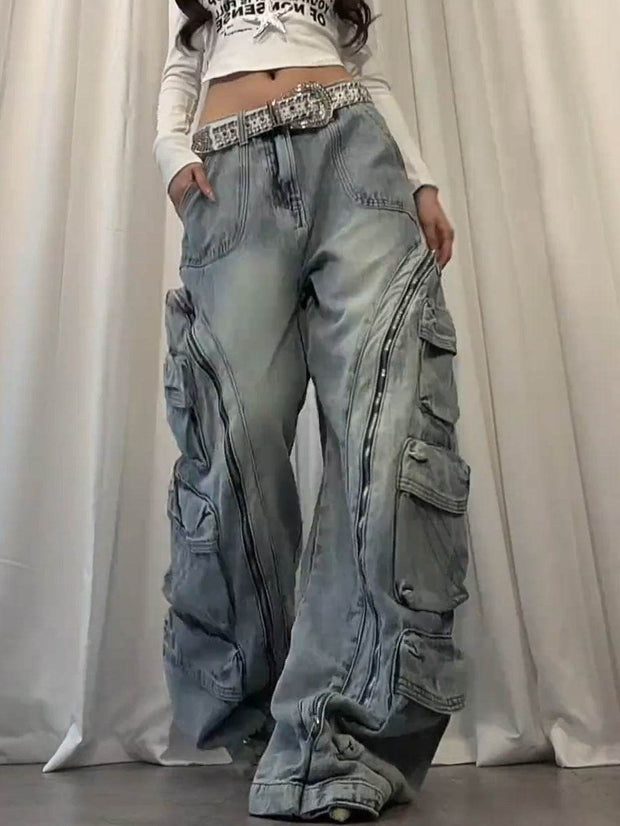 Washed multi pocket workwear jeans women's street straight leg loose wide leg pants - OFEBHS.PT
