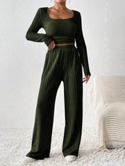 Scoop Neck Long Sleeve Top and Pants Set - OFEBHS.PT