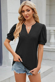 Solid color V-neck bubble sleeve short sleeved loose T-shirt top for women - OFEBHS.PT