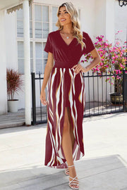 V-neck short sleeved waist cinched jumpsuit dress for women - OFEBHS.PT