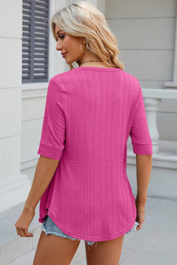 Spring/Summer New Solid Color Square Collar Splicing Button Mid Sleeve T-shirt for Women - OFEBHS.PT