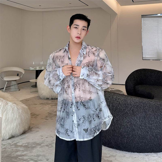 New Chinese style anti rustling traditional Chinese painting landscape, bamboo flower shaped shirt for men - OFEBHS.PT