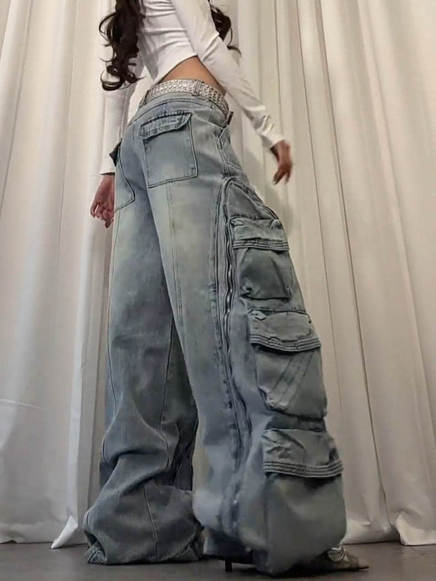 Washed multi pocket workwear jeans women's street straight leg loose wide leg pants - OFEBHS.PT