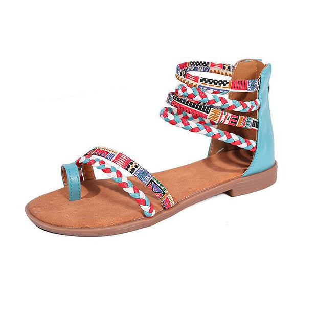 Ethnic Style Flat Sandals Summer Clip Toe Colorful Weave-straped Shoes With Back Zipper Women's Bohemian Beach Shoes - OFEBHS.PT