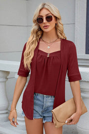Spring/Summer New Solid Color Square Collar Splicing Button Mid Sleeve T-shirt for Women - OFEBHS.PT