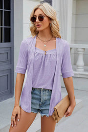 Spring/Summer New Solid Color Square Collar Splicing Button Mid Sleeve T-shirt for Women - OFEBHS.PT