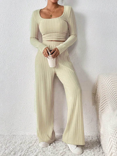Scoop Neck Long Sleeve Top and Pants Set - OFEBHS.PT
