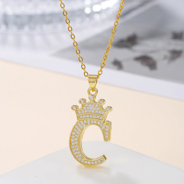 1PCS Fashionable Gold Diamond Crown Uppercase Letter Popular Pendant Necklace Suitable For Daily Use Festivals Parties Gifts Jewelry Set - OFEBHS.PT