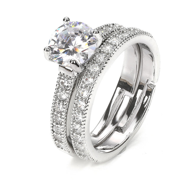Adjustable Combination Zircon Set Ring Silver Plated Couple Jewelry