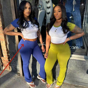 Women's Contrast Color Short-sleeved Trousers Casual Two-piece Suit - OFEBHS.PT