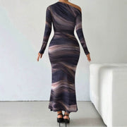 Tie-dyed Crossbody Shoulder Asymmetric Fold Dress - OFEBHS.PT
