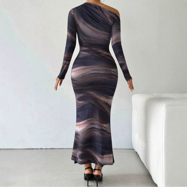 Tie-dyed Crossbody Shoulder Asymmetric Fold Dress - OFEBHS.PT