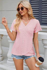 Solid color V-neck cross loose short sleeved T-shirt top for women - OFEBHS.PT