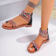 Ethnic Style Flat Sandals Summer Clip Toe Colorful Weave-straped Shoes With Back Zipper Women's Bohemian Beach Shoes - OFEBHS.PT