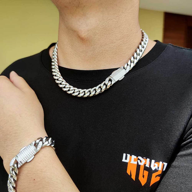 Hip Hop 12mm Micro Set Spring Snap Stainless Steel Necklace Bracelet