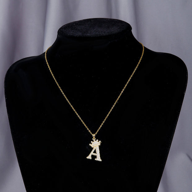 1PCS Fashionable Gold Diamond Crown Uppercase Letter Popular Pendant Necklace Suitable For Daily Use Festivals Parties Gifts Jewelry Set - OFEBHS.PT