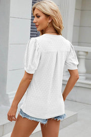 Solid color V-neck bubble sleeve short sleeved loose T-shirt top for women - OFEBHS.PT