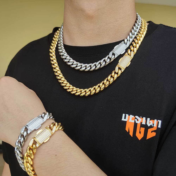 Hip Hop 12mm Micro Set Spring Snap Stainless Steel Necklace Bracelet