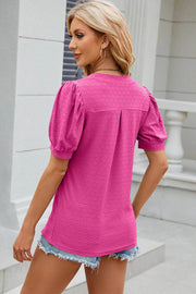 Solid color V-neck bubble sleeve short sleeved loose T-shirt top for women - OFEBHS.PT