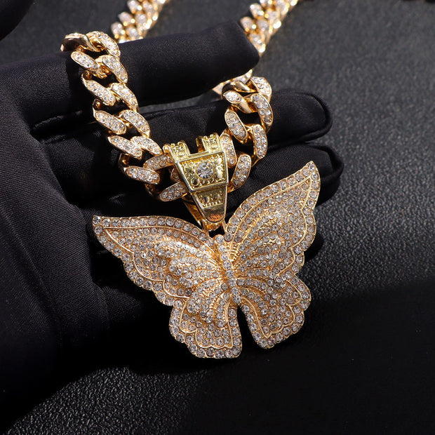 Exaggerated Butterfly Pendant Cuban Necklace With Diamonds