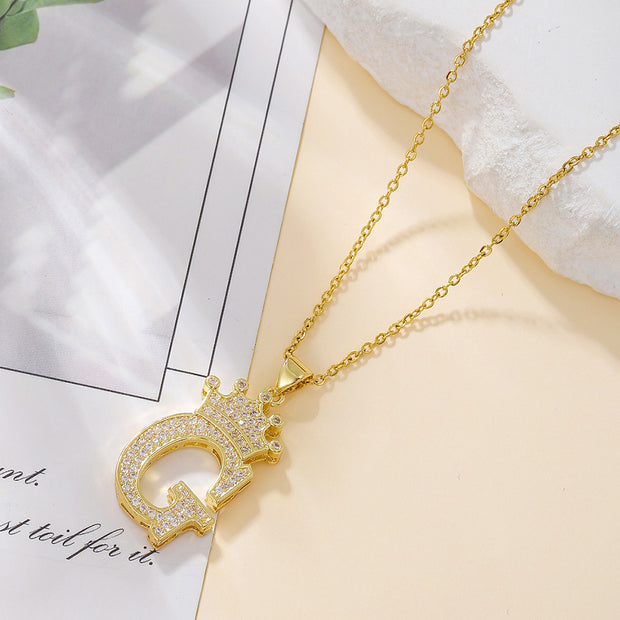 1PCS Fashionable Gold Diamond Crown Uppercase Letter Popular Pendant Necklace Suitable For Daily Use Festivals Parties Gifts Jewelry Set - OFEBHS.PT