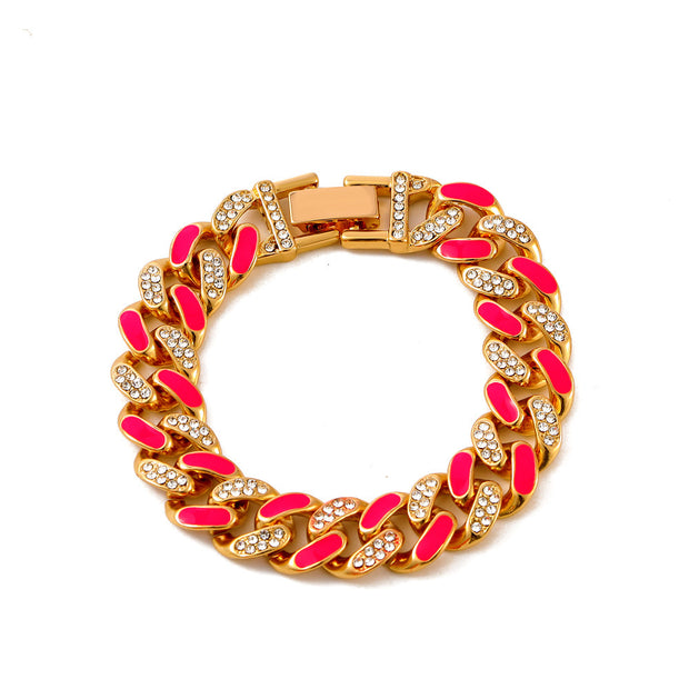 Two-tone Oil Drop Rhinestones Cuban Bracelet Street