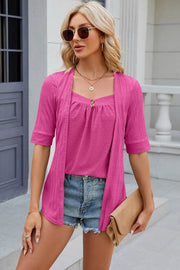 Spring/Summer New Solid Color Square Collar Splicing Button Mid Sleeve T-shirt for Women - OFEBHS.PT