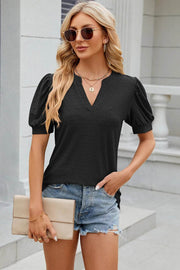 Solid color V-neck bubble sleeve short sleeved loose T-shirt top for women - OFEBHS.PT