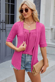 Spring/Summer New Solid Color Square Collar Splicing Button Mid Sleeve T-shirt for Women - OFEBHS.PT