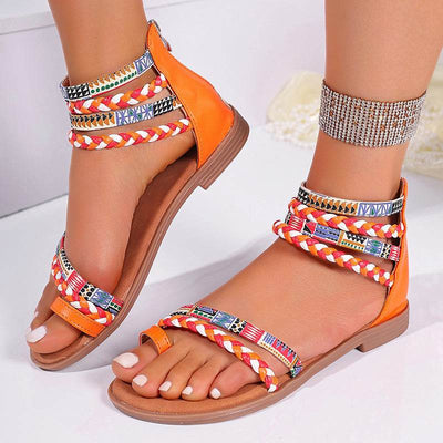 Ethnic Style Flat Sandals Summer Clip Toe Colorful Weave-straped Shoes With Back Zipper Women's Bohemian Beach Shoes - OFEBHS.PT