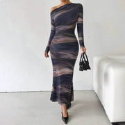 Tie-dyed Crossbody Shoulder Asymmetric Fold Dress - OFEBHS.PT
