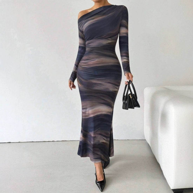 Tie-dyed Crossbody Shoulder Asymmetric Fold Dress - OFEBHS.PT