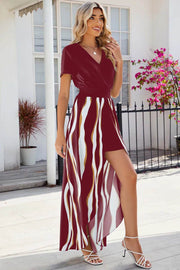 V-neck short sleeved waist cinched jumpsuit dress for women - OFEBHS.PT