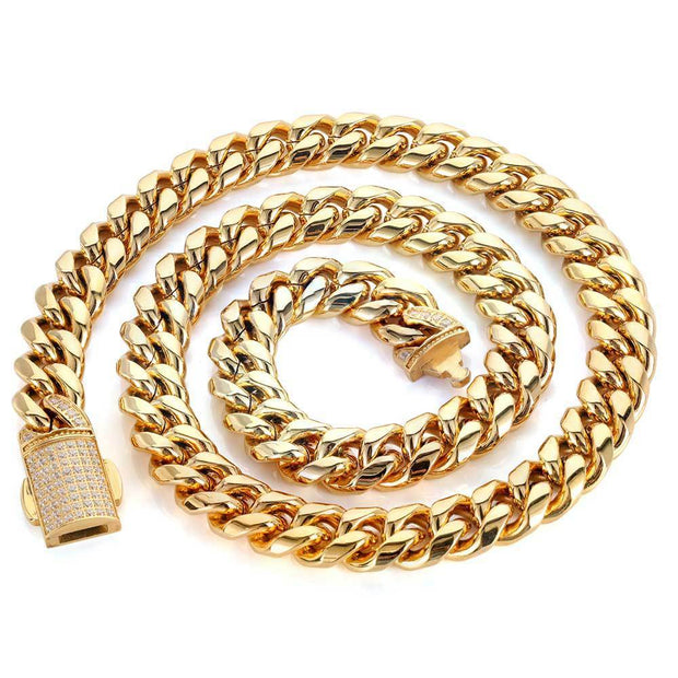 Hip Hop 12mm Micro Set Spring Snap Stainless Steel Necklace Bracelet