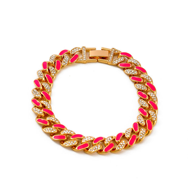 Two-tone Oil Drop Rhinestones Cuban Bracelet Street