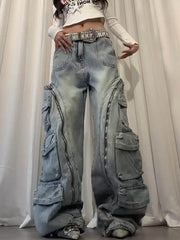 Washed multi pocket workwear jeans women's street straight leg loose wide leg pants - OFEBHS.PT