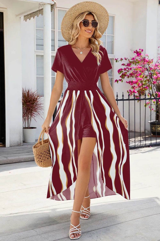 V-neck short sleeved waist cinched jumpsuit dress for women - OFEBHS.PT