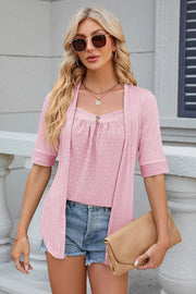 Spring/Summer New Solid Color Square Collar Splicing Button Mid Sleeve T-shirt for Women - OFEBHS.PT