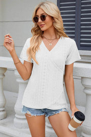 Solid color V-neck cross loose short sleeved T-shirt top for women - OFEBHS.PT